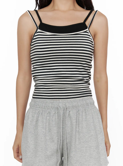 Layered Striped Cami Top CL513 Black crop-length close-up on model highlighting square neckline double strap detail and fitted stripe body