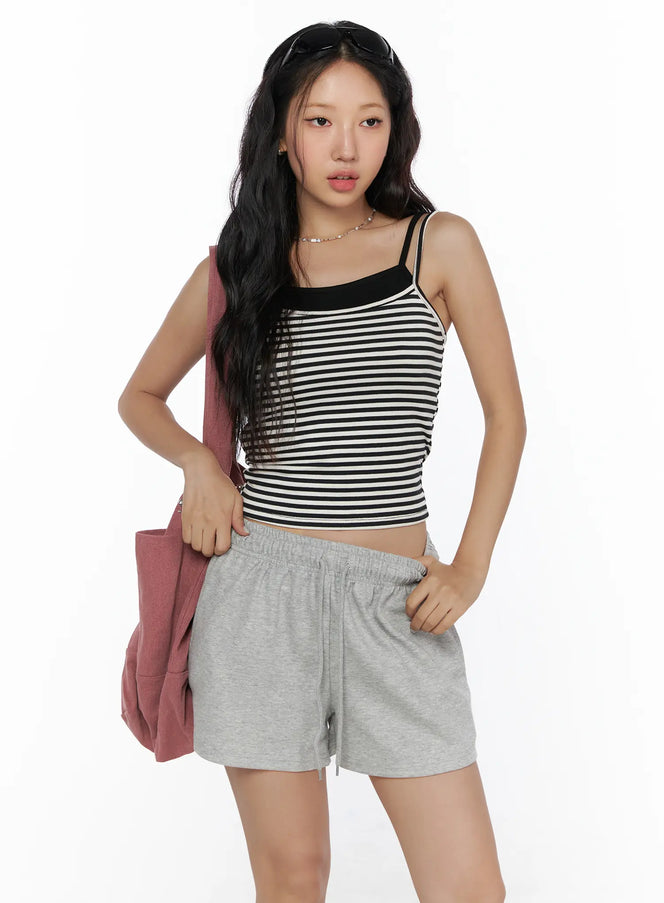 LEWKIN Layered Striped Cami Top CL513 Black S/M front view on model styled with gray sweat shorts and pink backpack