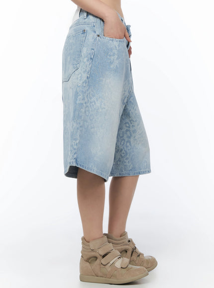 Leopard Print Jorts IU525 Light blue side close-up on model showing side seam leg width leopard jacquard texture and length falling below the knee