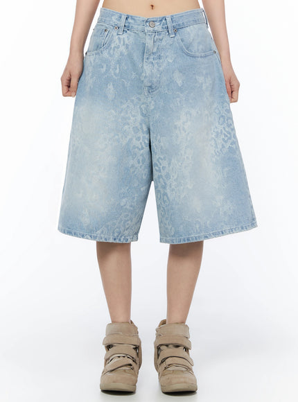 LEWKIN Leopard Print Jorts IU525 Light blue front view on model size S showing wide-leg silhouette and leopard jacquard denim texture paired with chunky sneakers