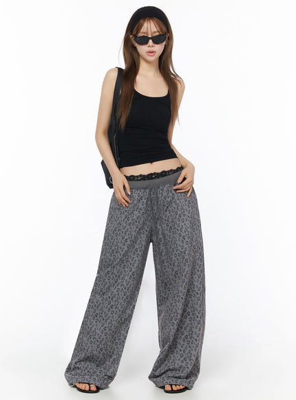Leopard Print Wide-Leg Sweatpants IU525 Dark gray full-body front shot on model styled with black tank top sunglasses headband and shoulder bag