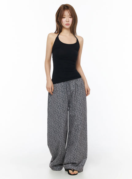 Leopard Print Wide-Leg Sweatpants IU525 Dark gray full-body front shot on model with halter tank top standing straight showing wide-leg silhouette