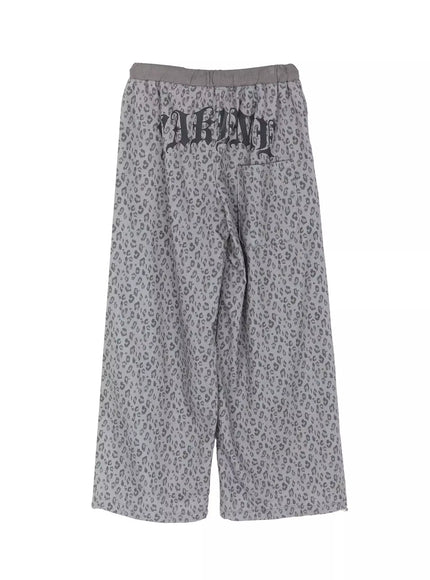 Leopard Print Wide-Leg Sweatpants IU525 Dark gray flat-lay back view showing gothic TAKEME waistband print and back patch pocket on white background
