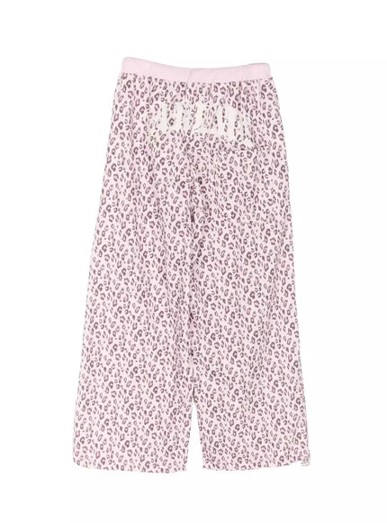 Leopard Print Wide-Leg Sweatpants IU525 Pink flat-lay back view showing gothic-script logo print on waistband with back patch pocket on white background