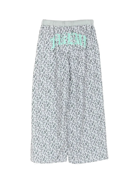 Leopard Print Wide-Leg Sweatpants IU525 Light gray flat-lay back view showing mint-colored gothic-script logo print on waistband on white background