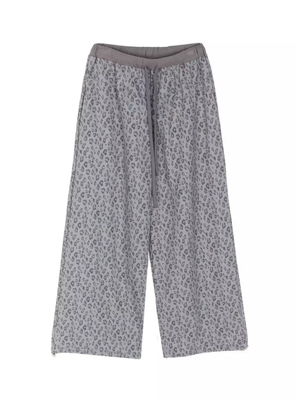 Leopard Print Wide-Leg Sweatpants IU525 Dark gray flat-lay front view showing full pants silhouette elastic waistband and gray drawstring on white background