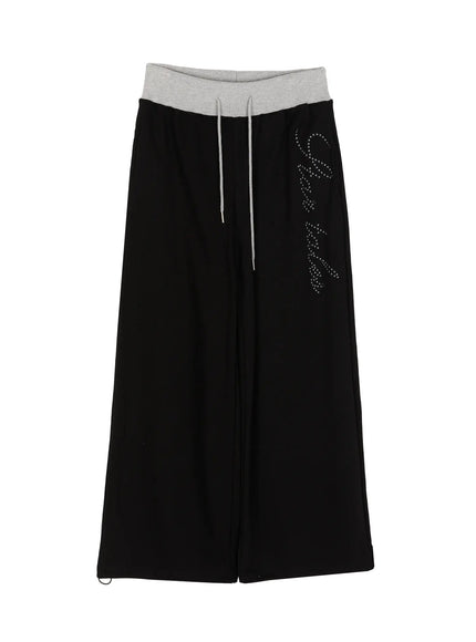 Lettering Contrast Waist Sweatpants IL515 in Black, size S/M