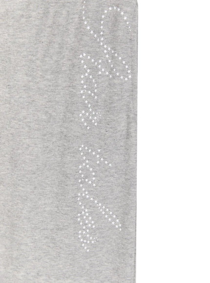 Lettering Contrast Waist Sweatpants IL515 Gray extreme close-up detail of white star-dot script lettering graphic printed on gray marl cotton fleece fabric surface