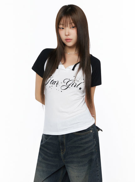 Lettering Raglan Slit Short Sleeve Tee IL515 in White, size S/M