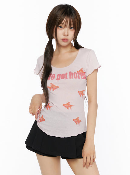 Lettering Wavy Slim T-Shirt IL515 in Pink, size S/M