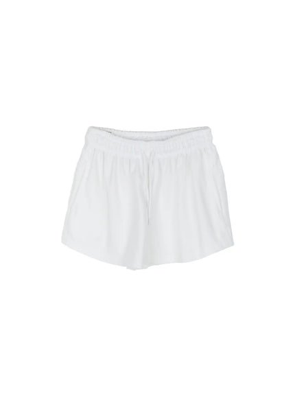 Lightweight Sweat Shorts CL513 White flat-lay front view showing elastic waistband drawstring tie relaxed wide-leg short silhouette and soft fabric