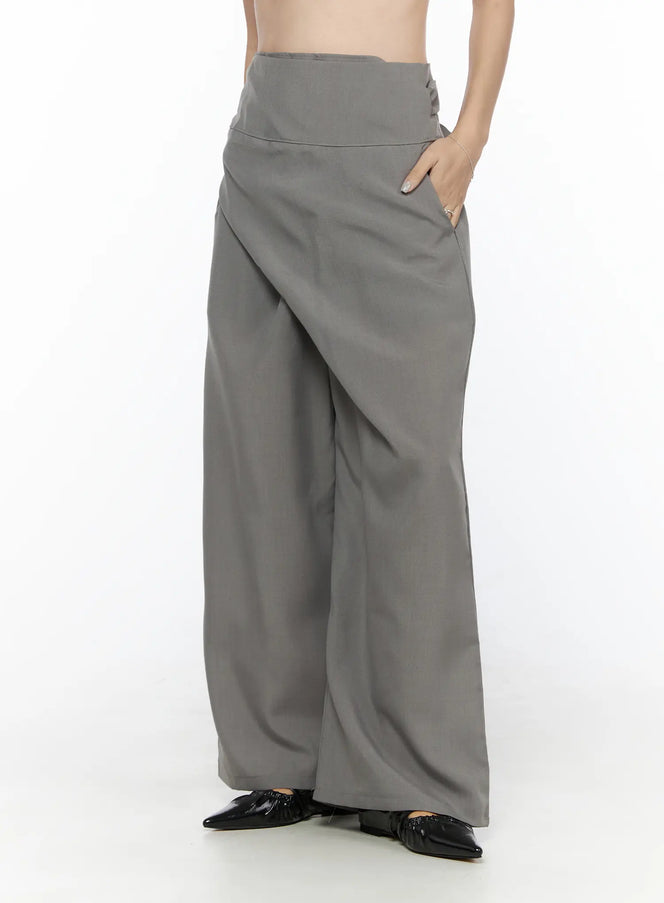 LEWKIN Linen Wrap Slacks CL527 Beige S/M side view on model showing wrap front drape high waistband and wide-leg silhouette with black pointed flats