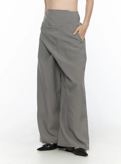 LEWKIN Linen Wrap Slacks CL527 Beige S/M side view on model showing wrap front drape high waistband and wide-leg silhouette with black pointed flats