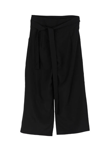 Linen Wrap Slacks CL527 Black flat-lay front view showing wide-leg cut high waistband tie sash and clean minimal fabric drape on white background