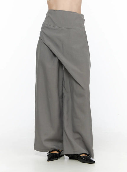 Linen Wrap Slacks CL527 Beige flat-lay front view showing full wide-leg silhouette wrap waistband tie sash and overall pant shape on white background