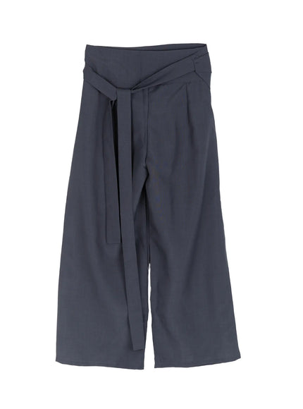 Linen Wrap Slacks CL527 Navy flat-lay front view showing wide-leg silhouette crossover waistband and front tie sash detail on white background