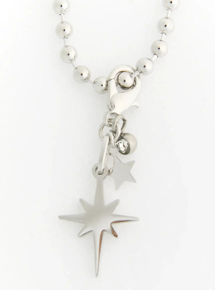 LEWKIN Logan Dog Tag Necklace IL522 silver close-up detail of north star and small star charms with lobster clasp on ball chain, white background
