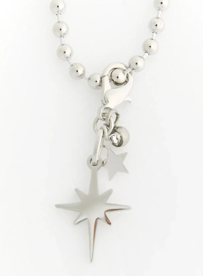LEWKIN Logan Dog Tag Necklace IL522 silver close-up detail of north star and small star charms with lobster clasp on ball chain, white background