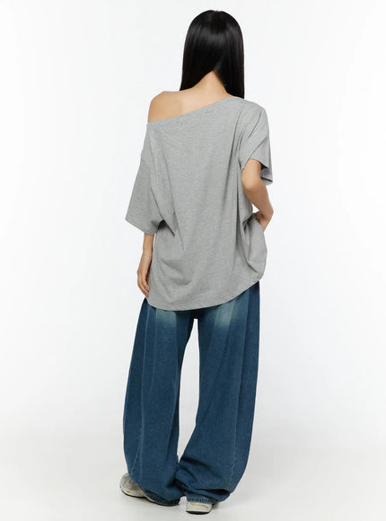 Loose Fit Oversized Tee CU526 Gray full-body back shot on model showing clean plain back, off-shoulder neckline detail and dropped short sleeves, cotton jersey fabric