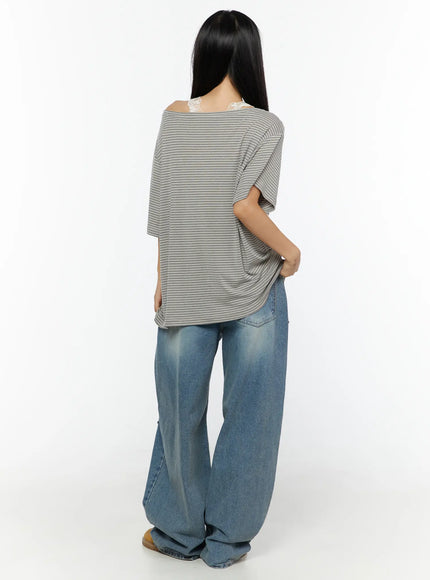 Loose Fit Striped Top CU526 Beige back shot on model revealing wide back panel off-shoulder neckline and lace bra strap accent