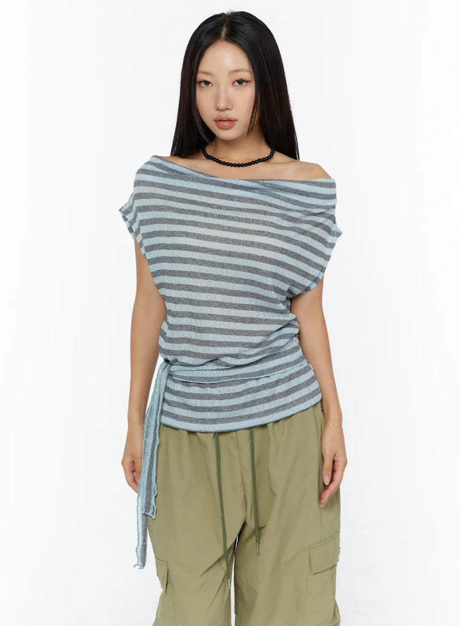 Loose Off-Shoulder Top CU526 Blue-Grey front shot on model, off-shoulder neckline, ribbed horizontal stripe knit with side drawstring tie