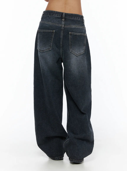Louis Pintuck Washed Jeans CL503 Dark blue back view on model showing dual back pockets, faded wash finish, and extra-wide balloon leg silhouette