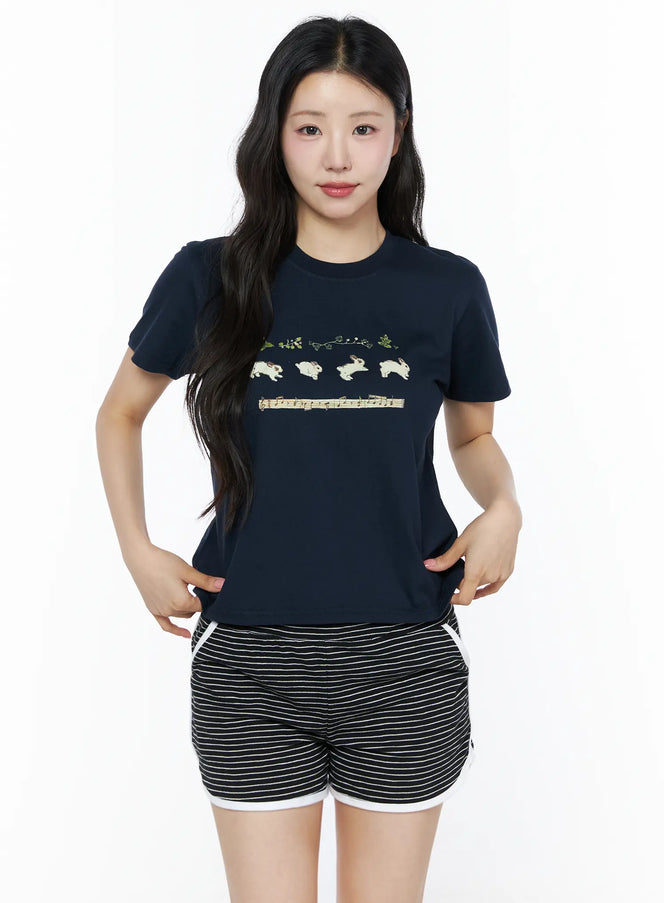 Lovely Bunny Graphic Tee IU525 in Dark blue, size S/M