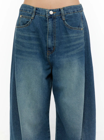 Lovi Washed Wide Leg Jeans CU526 Blue close-up front detail of waistband, white button closure, front pockets and vintage faded wash on woven denim fabric