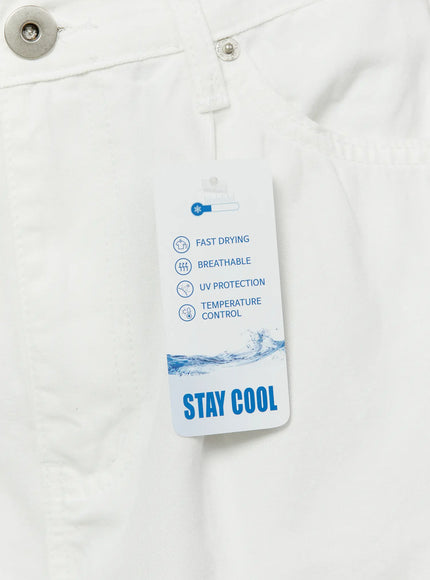 Low-Rise Cotton Shorts CU529 White close-up of waistband with silver button and Stay Cool functional hang tag showing fast drying breathable UV protection