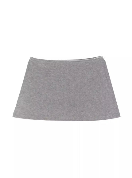 Low-Rise Mini Skort IU525 Gray flat-lay front view showing full skort shape, heathered cotton fabric, low-rise curved waistband, and clean hemline
