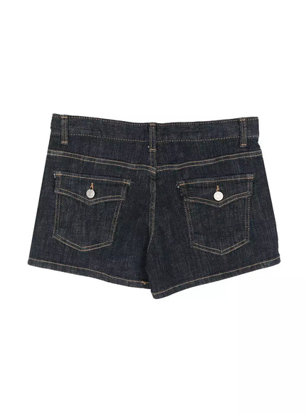Low-Rise No-Fade Denim Shorts IU525 Dark blue flat-lay back view showing double flap pockets with silver coin buttons and contrast amber topstitching on dark denim