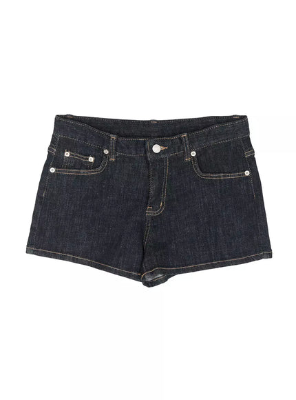 Low-Rise No-Fade Denim Shorts IU525 Dark blue flat-lay front view showing low-rise waistband, five-pocket design, silver hardware, and contrast gold stitching