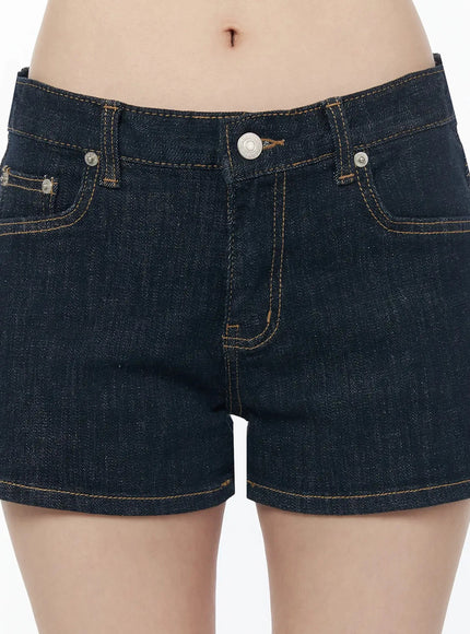 Low-Rise No-Fade Denim Shorts IU525 Dark blue close-up front detail showing silver button, coin rivets, contrast gold stitching, and five-pocket construction