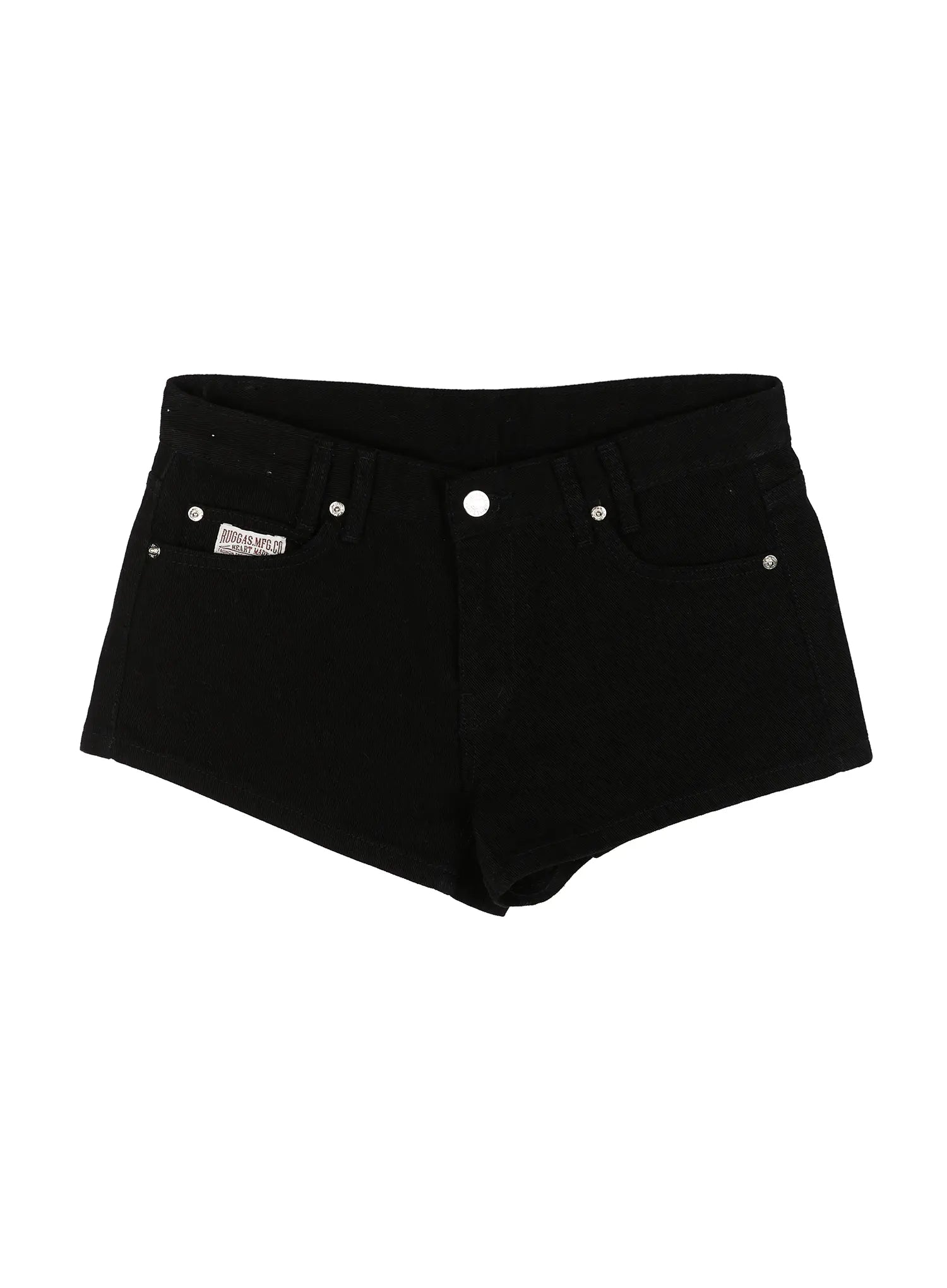 Low Rise Shorts IL521 Black flat-lay front view showing full shorts silhouette, V-waistband, silver rivets, and RUGGAS.MFG.CO brand patch on black denim