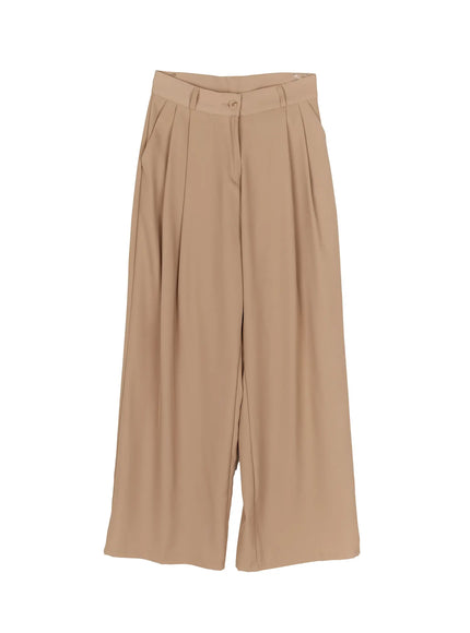 Low-Rise Wide Leg Tailored Pants IL506 Beige flat-lay showing full front pleated silhouette wide-leg cut button closure and smooth woven fabric