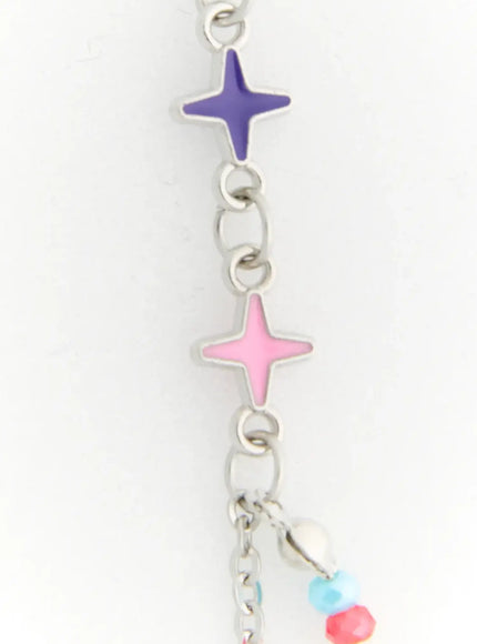 Lyra Star Crystal Necklace IL517 multicolor close-up detail of purple and pink enamel four-pointed star charms on silver chain with crystal beads at bottom