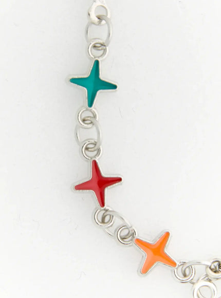 Lyra Star Crystal Necklace IL517 multicolor close-up detail of silver chain segment showing teal, red, and orange enamel four-pointed star charms linked vertically
