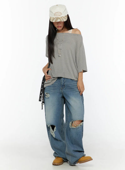 LEWKIN Mackenzie Blue Rip Jeans CU526 Blue S full-length front styling shot on model with oversized striped top and tan boots