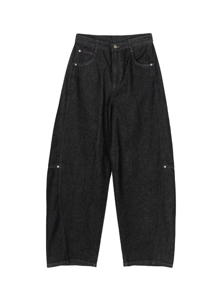 Maelani Rivet Wide Balloon Jeans IL502 Black flat-lay front view showing full silhouette with front pockets, rivet accents, contrast stitching and balloon leg shape