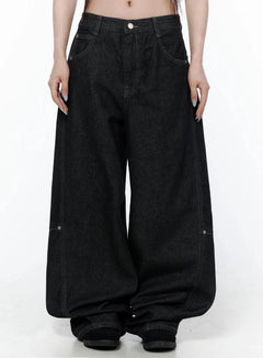 LEWKIN Maelani Rivet Wide Balloon Jeans IL502 Black front view on model showing extreme wide-leg balloon silhouette with contrast stitching and rivet detail, size S