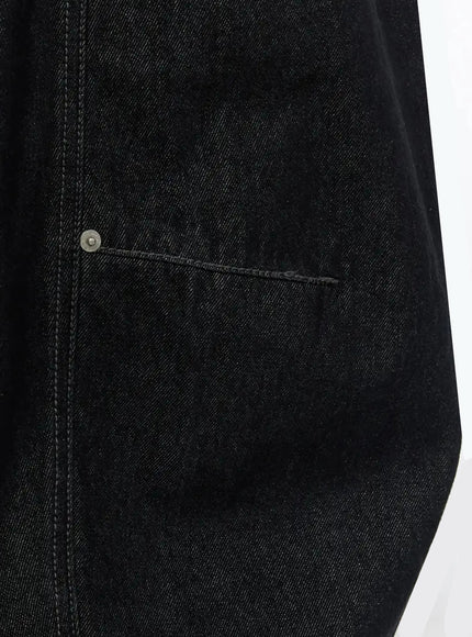 Maelani Rivet Wide Balloon Jeans IL502 Black close-up detail of side rivet and contrast topstitch seam on heavy dark denim fabric