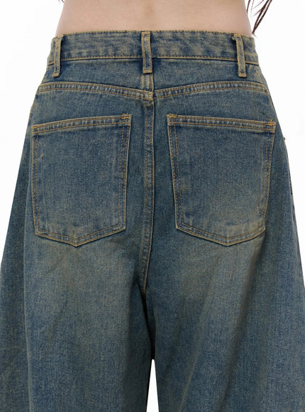 Marion Washed Wide-Leg Jeans IL506 Dark blue close-up back waist detail showing two patch pockets, yellow contrast topstitching, belt loops, and vintage wash on denim
