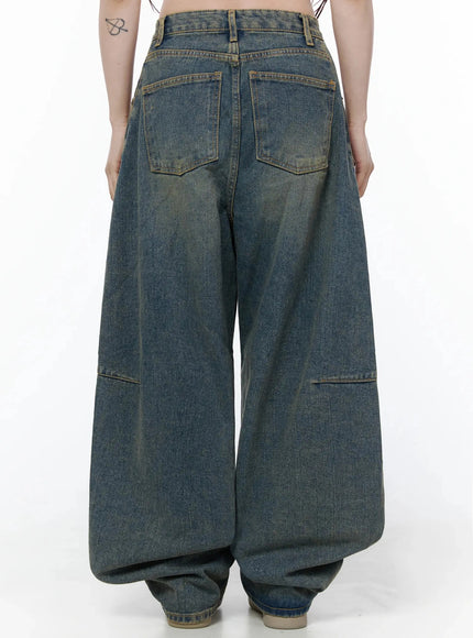 Marion Washed Wide-Leg Jeans IL506 Dark blue back view on model full-length, dual back patch pockets, exaggerated wide balloon leg, carpenter panel seam, pooling hem
