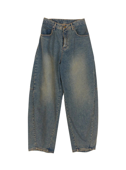 Marion Washed Wide-Leg Jeans IL506 Dark blue flat-lay front showing full balloon wide-leg shape, vintage golden wash fade, high waist, brass button, and curved carpenter seam