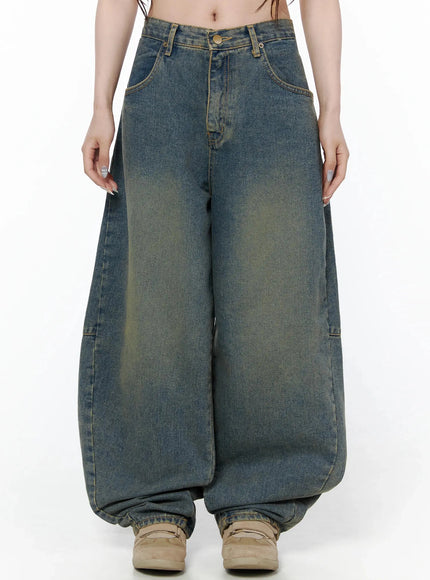 LEWKIN Marion Washed Wide-Leg Jeans IL506 Dark blue front view on model cropped waist shot showing high-rise waist, brass button, front pockets, vintage wash denim