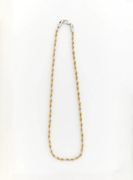LEWKIN Mason 4mm Twisted Necklace IL517 gold silver two-tone rope chain flat-lay full length view with lobster clasp closure