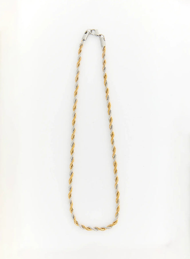 LEWKIN Mason 4mm Twisted Necklace IL517 gold silver two-tone rope chain flat-lay full length view with lobster clasp closure