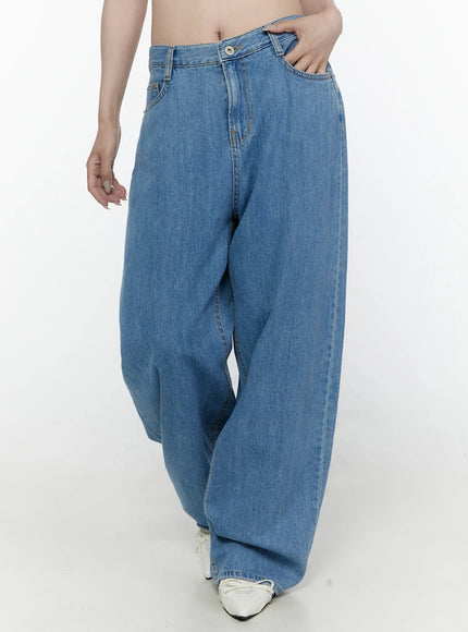 Max Wide Leg Jeans IL521 Blue side close-up on model showing relaxed wide-leg fit with deep side pocket and thick denim texture