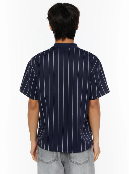 Men's Active Striped Polo Shirt IL509 dark blue back model shot showing clean white pinstripe pattern relaxed fit polo collar and short sleeve cut