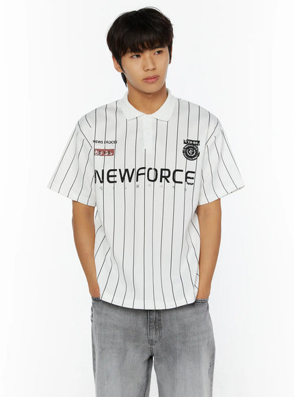 Men's Active Striped Polo Shirt IL509 white front cropped model shot highlighting NEWFORCE graphic print NEWS FROCES patch badge and CYS-90 emblem on chest